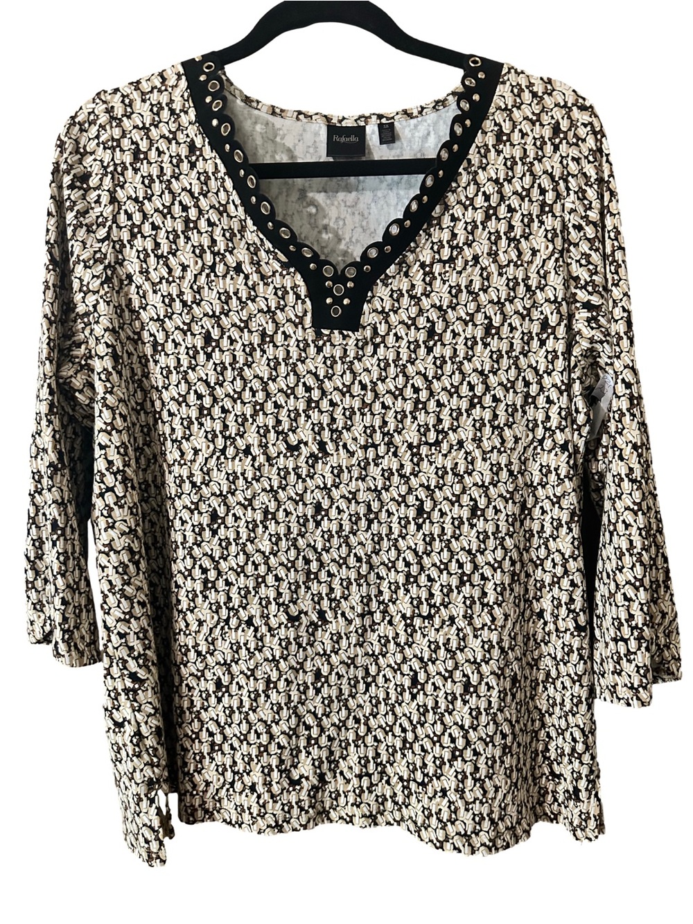 Rafaella Top Pullover Sz 1X Women Brown Blk Print Tunic 3/4 Sleeve V Neck Boho